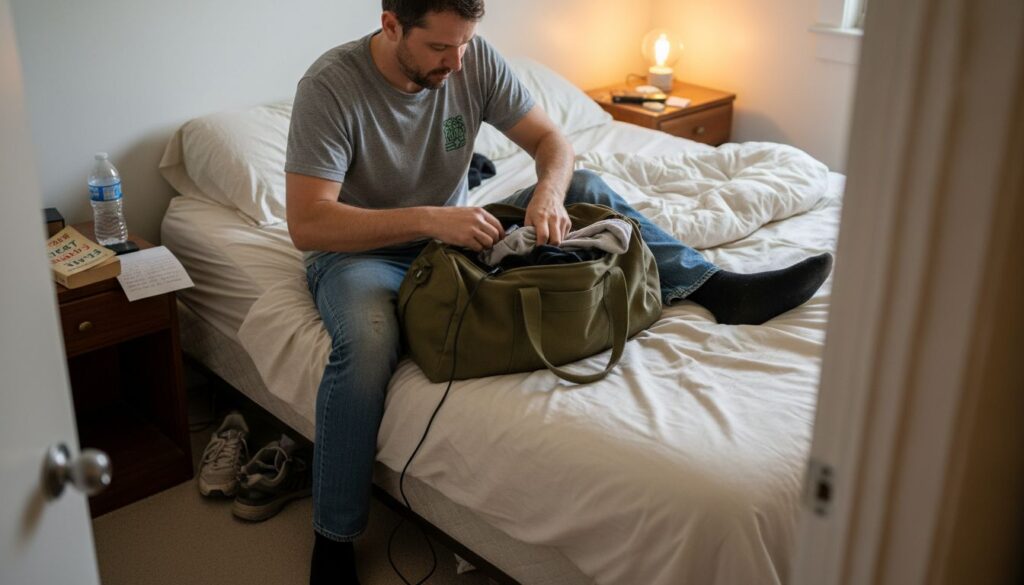 Man packing for rehab in a cluttered bedroom