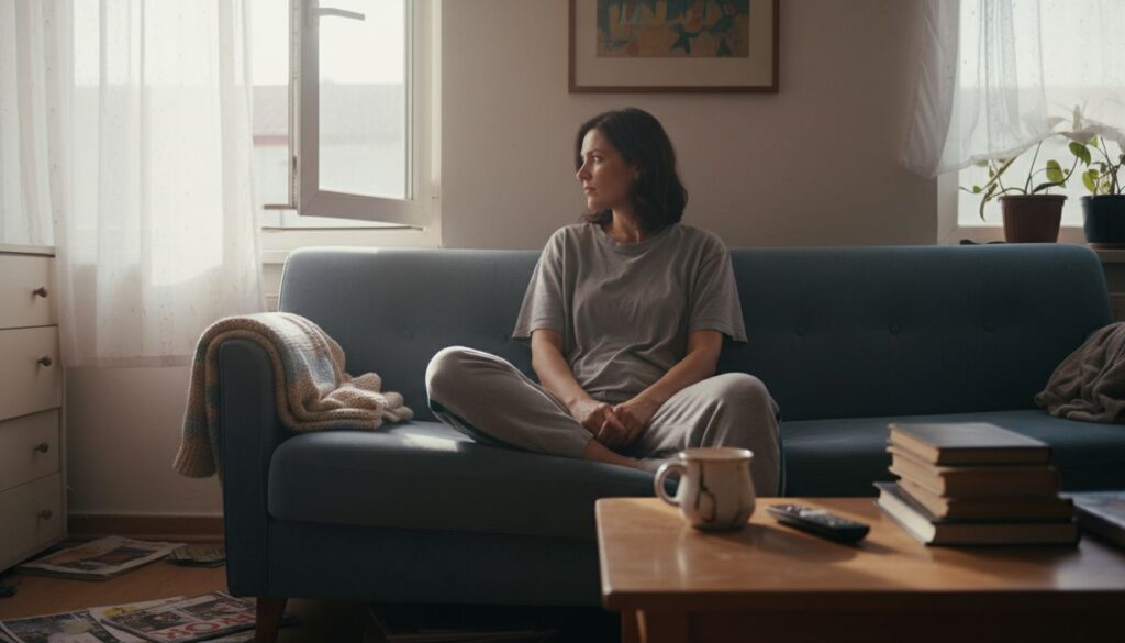 Woman alone on sofa during depression recovery
