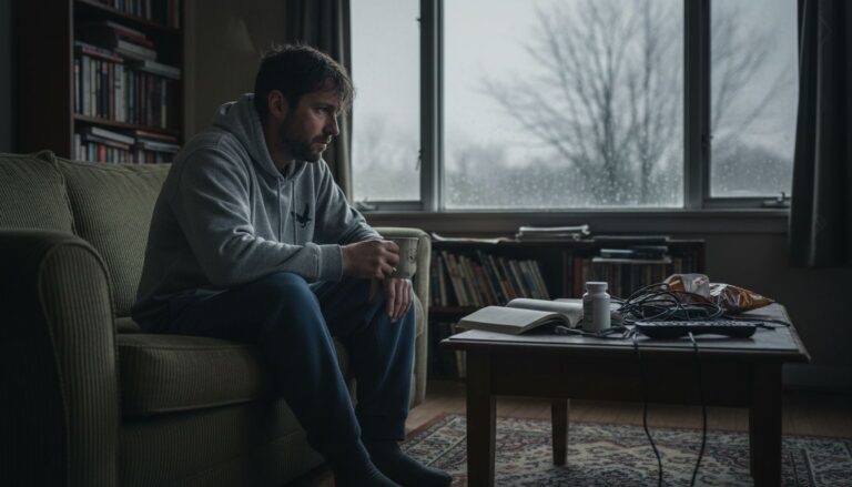 Man looking out winter window, feeling low
