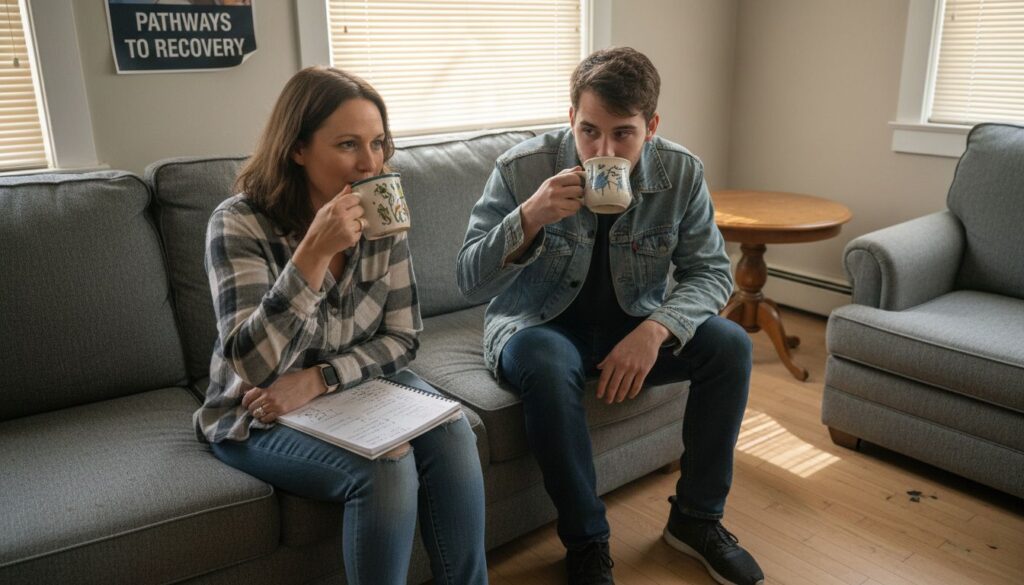 Recovery coach and client meeting in office