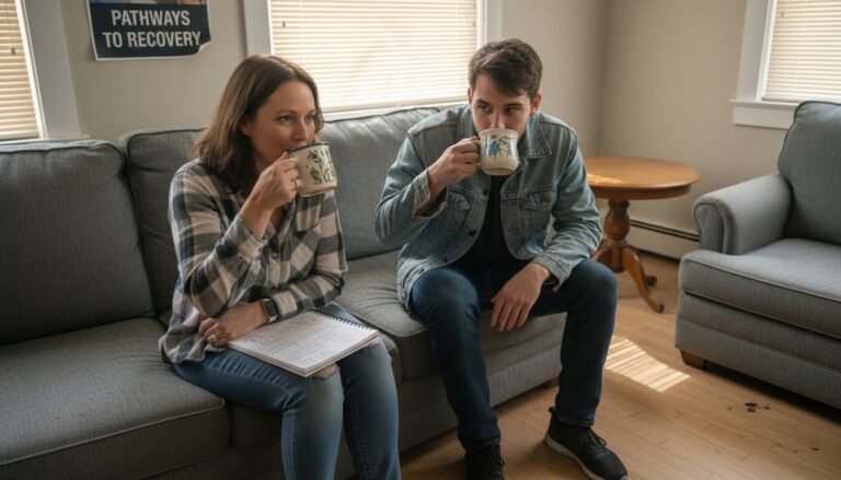 Recovery coach and client meeting in office