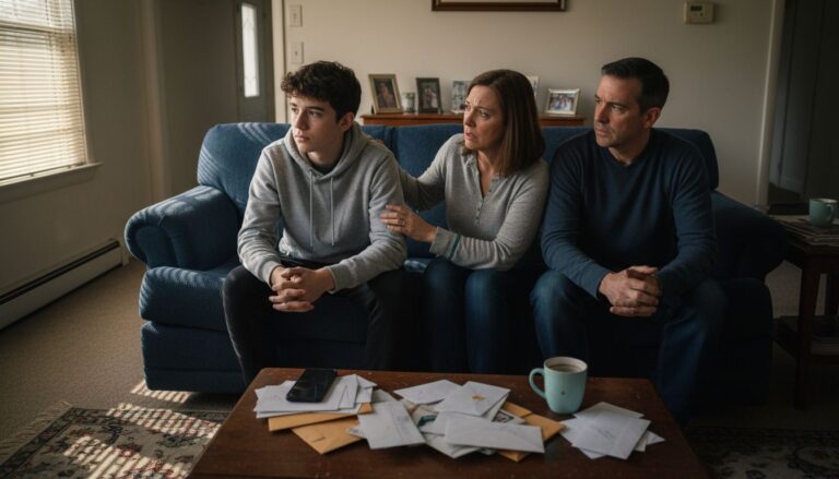 Concerned family sitting together in living room