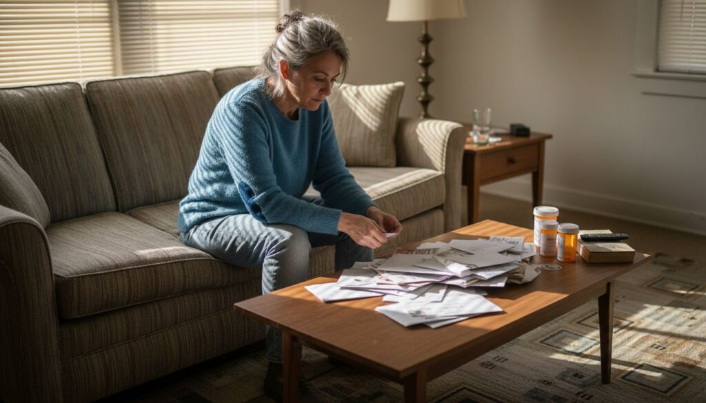 Woman pensive on sofa in cluttered living room
