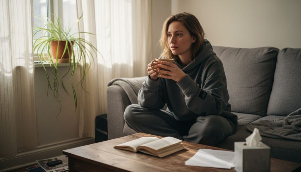 Young woman managing anxiety at home