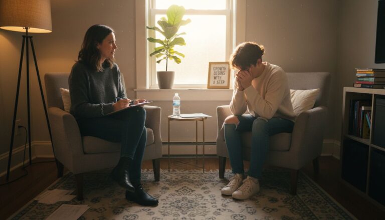 Therapist and client in sunlit counseling session