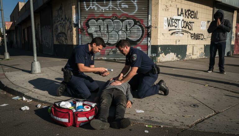 Paramedics administer naloxone on LA sidewalk