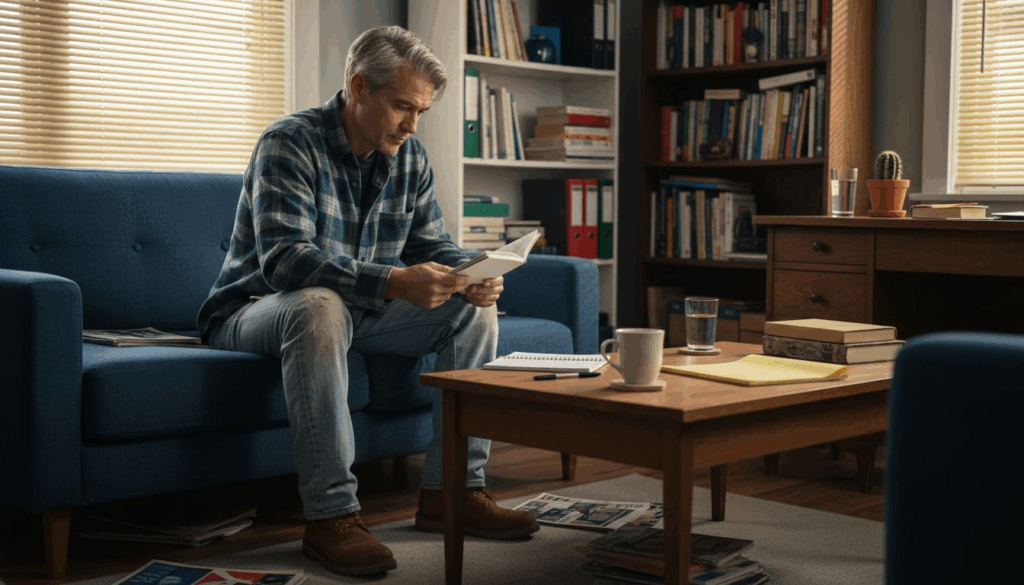 Man reflecting in therapist office recovery process