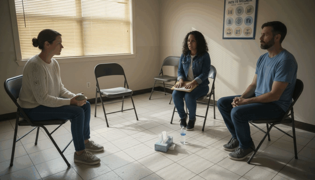 People in recovery group support clinic room