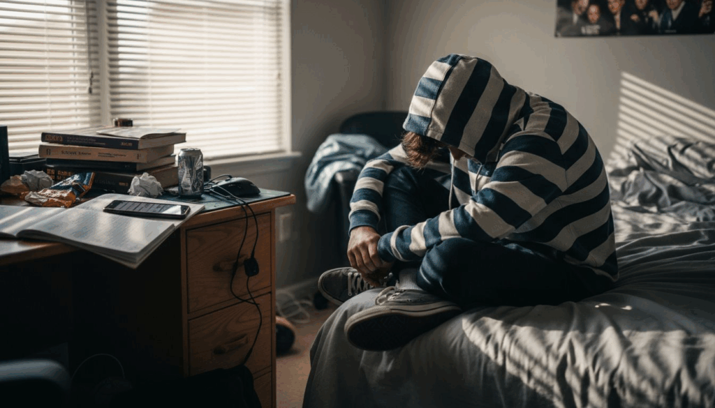 Teenage boy looking withdrawn in messy bedroom