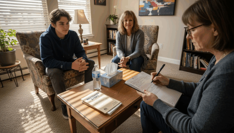 Counselor meeting with teen and adult in rehab session