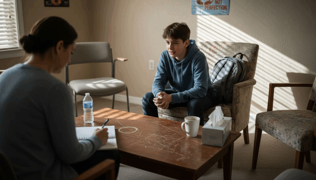Teen boy and counselor in therapy session