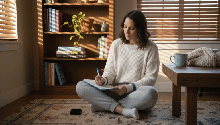 Woman journaling as mental health self-care at home