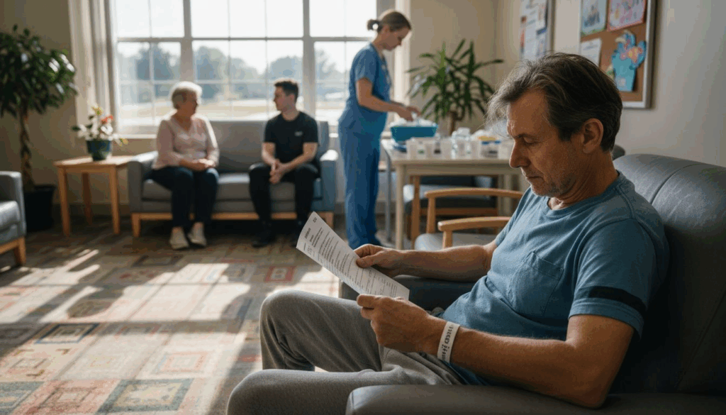 Patient reading in rehab center lounge