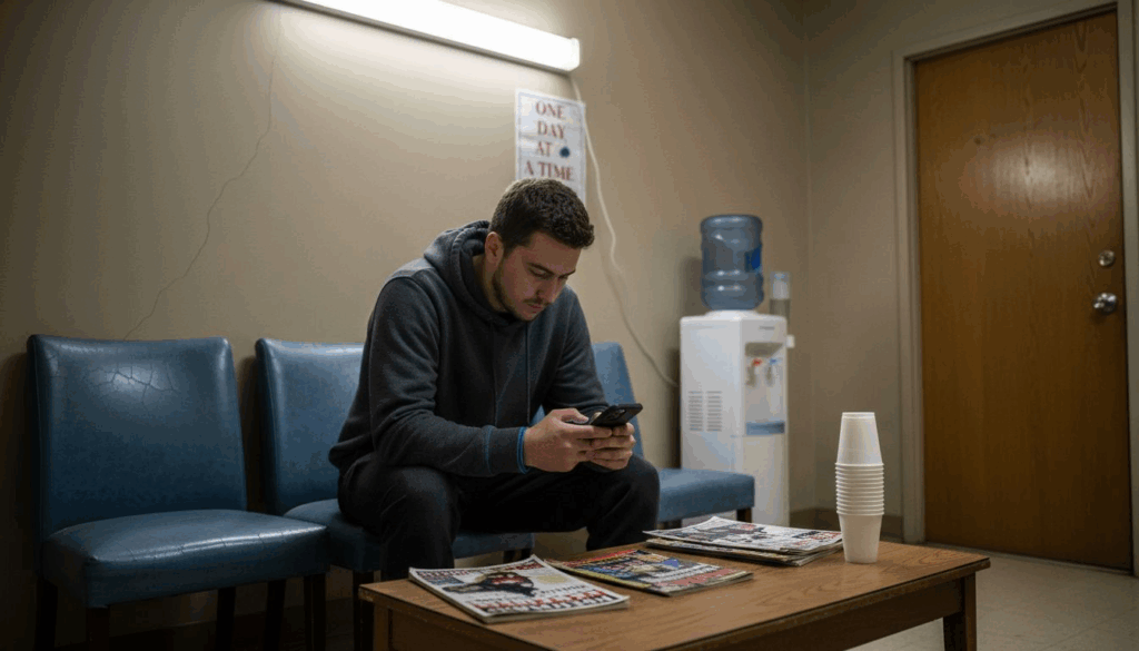 Patient waiting in rehab clinic lobby