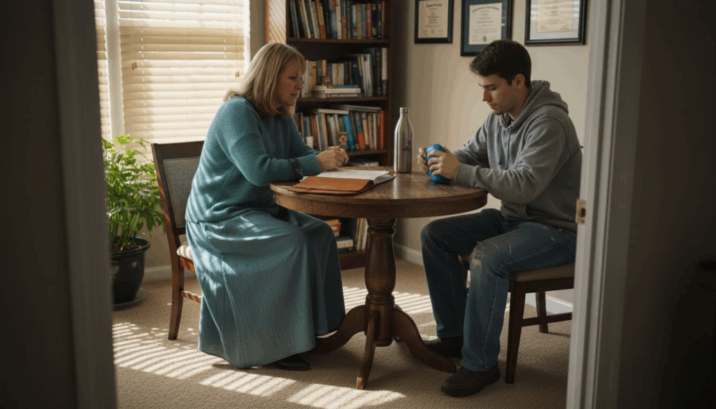 Therapist and patient in real outpatient rehab session