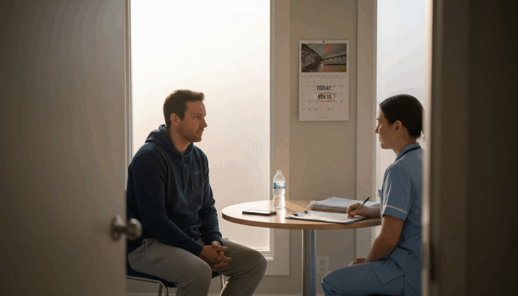 Patient meets nurse in detox clinic room