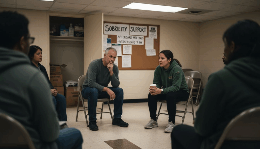 Support group in aftercare meeting discussing sobriety