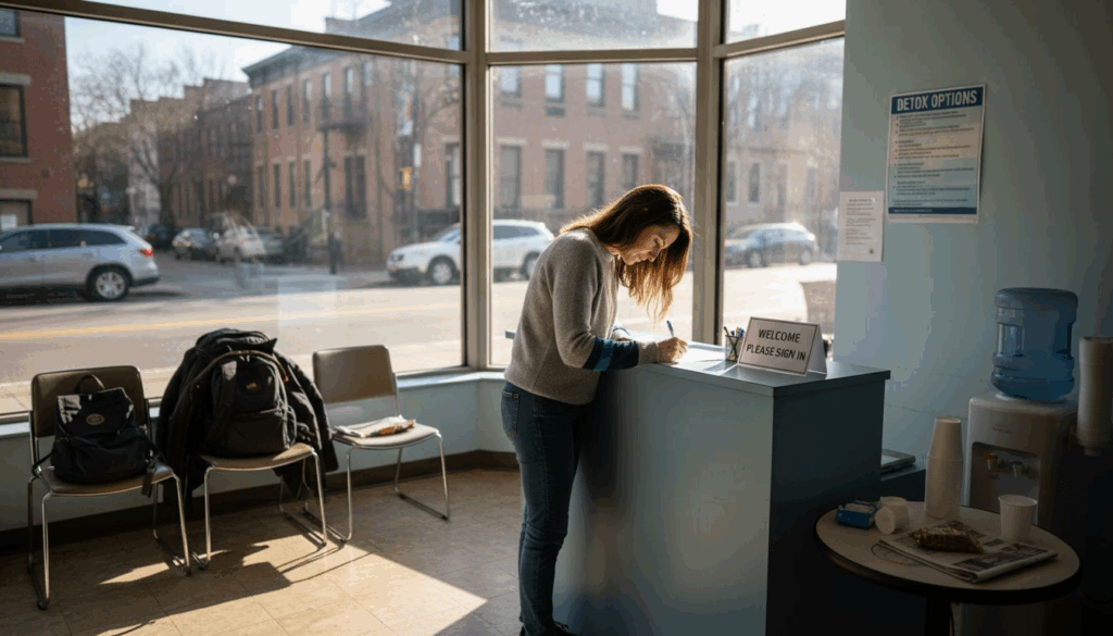 Woman signing in at outpatient detox clinic