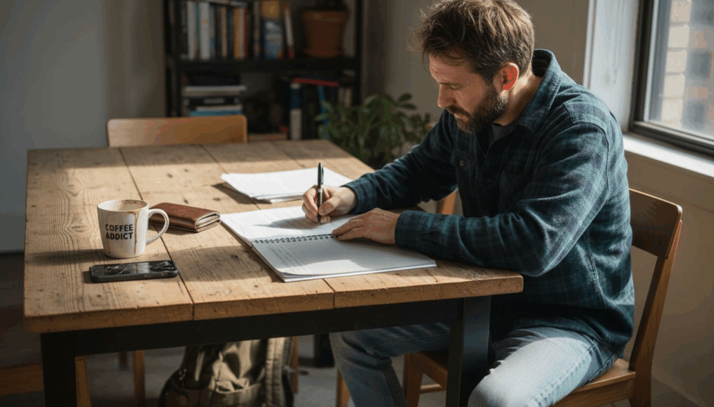 Man reviewing outpatient program documents at table