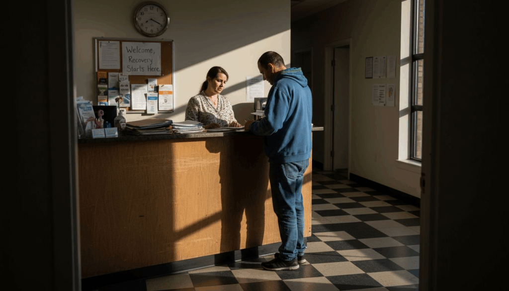 Patient checking in at addiction clinic desk