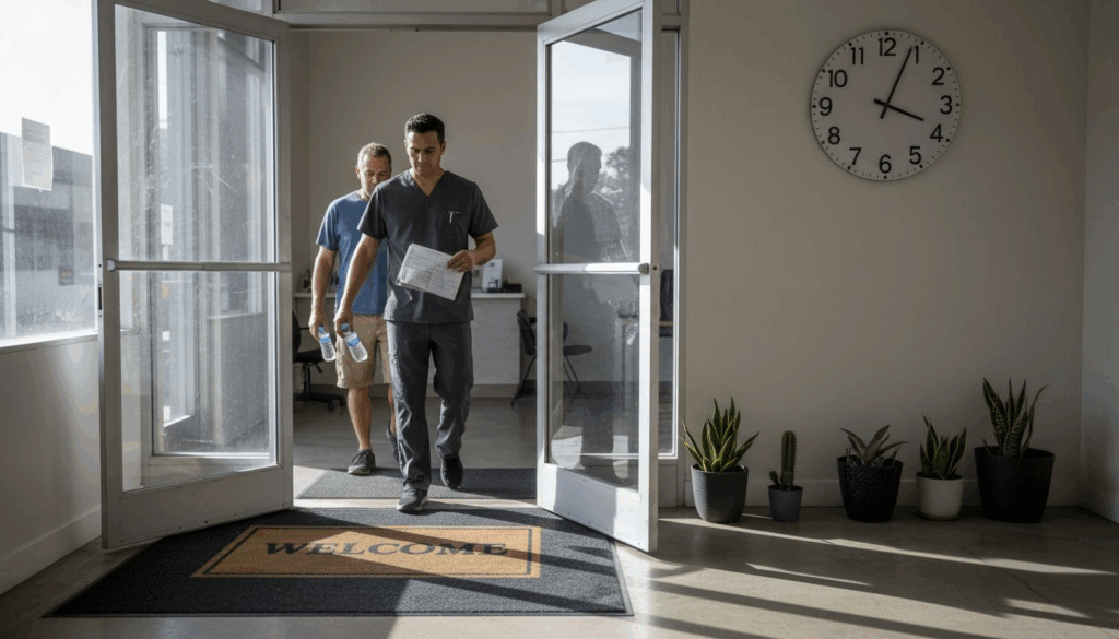 Nurse greeting patient at alcohol detox clinic entrance