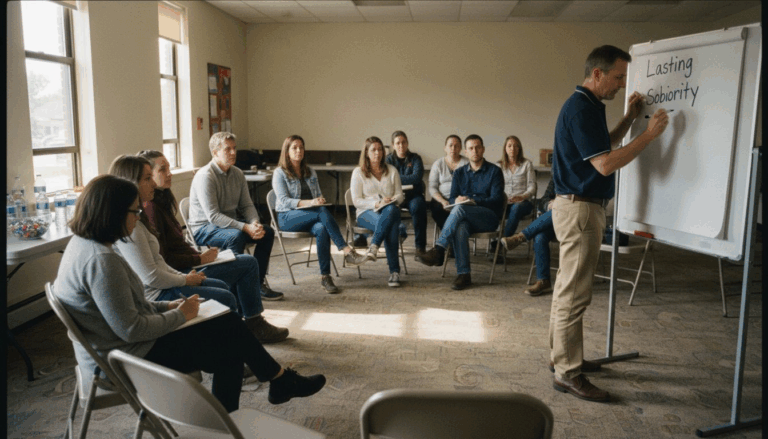 Support group meeting after detox for sobriety