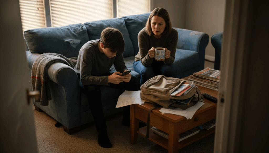 Teen with mother in family living room, tense mood