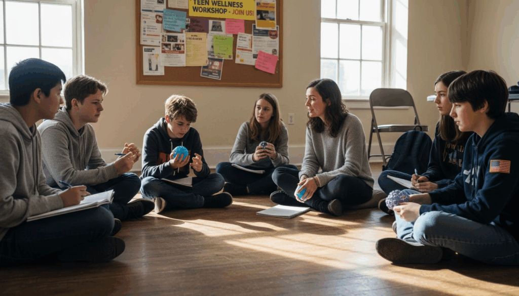 Teen therapy group session with counselor in community room