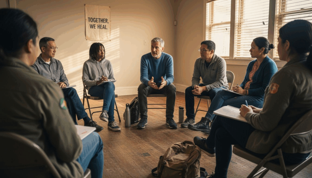 Support group talking in cozy recovery setting