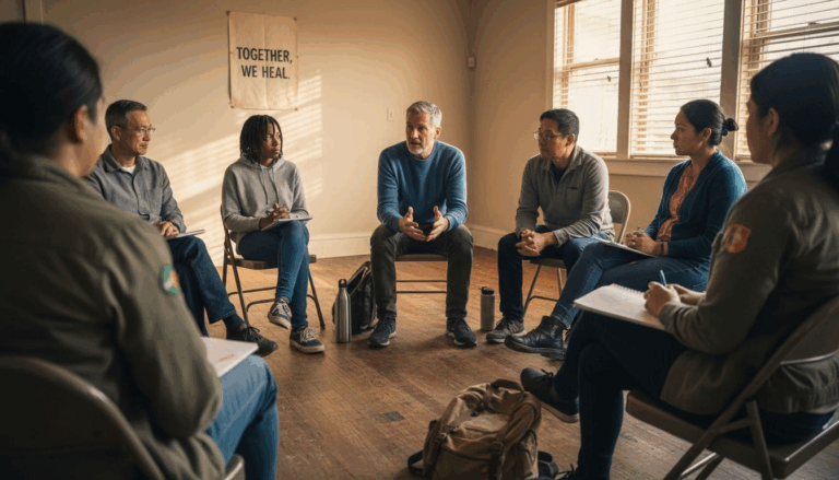 Support group talking in cozy recovery setting
