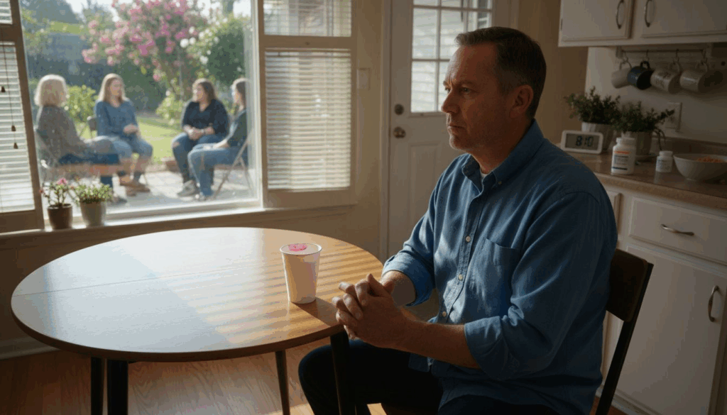 Man reflects at kitchen table in treatment center