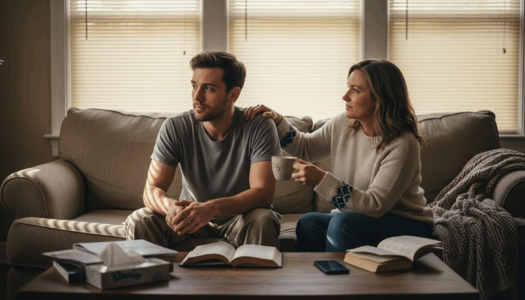 Woman comforting man in recovery at home