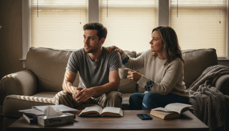 Woman comforting man in recovery at home
