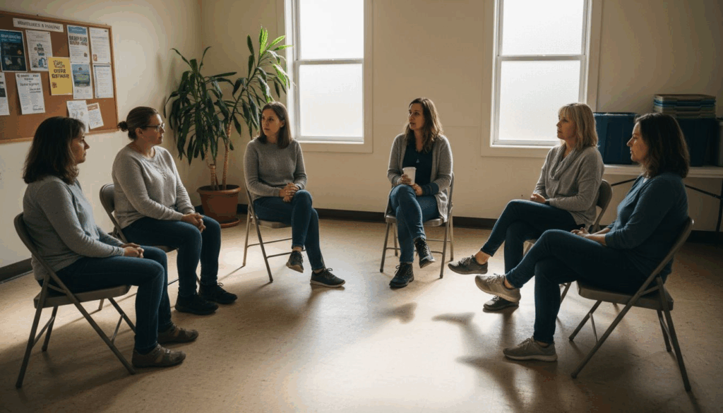 Support group meeting in sunlit community room