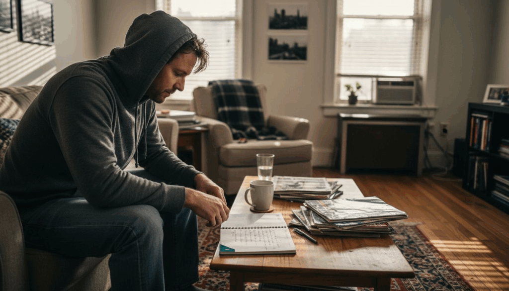 Man in living room reflecting with notebook