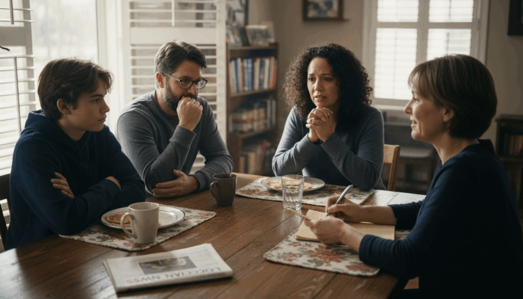 Family meeting with therapist in home setting