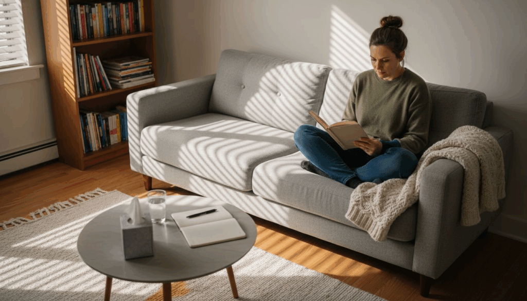 Woman reading in bright, lived-in living room
