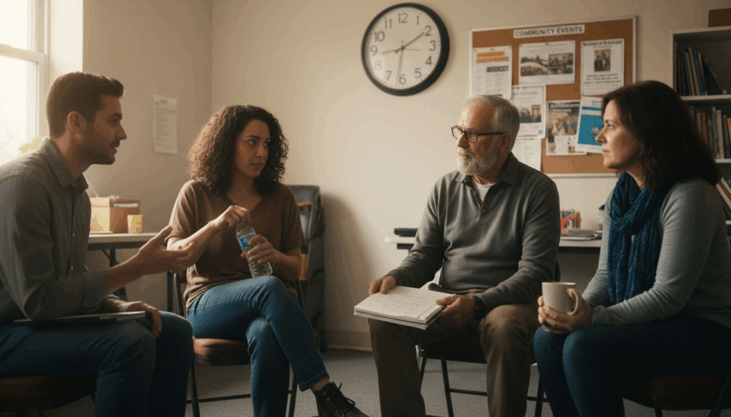 Adults talking in a recovery support group meeting