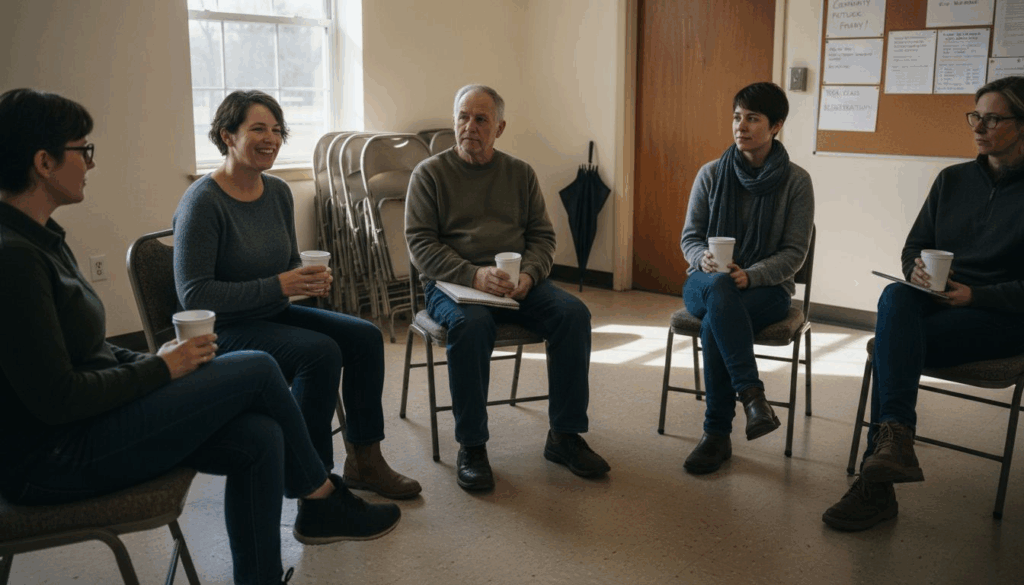 Support group meeting in sunlit community center