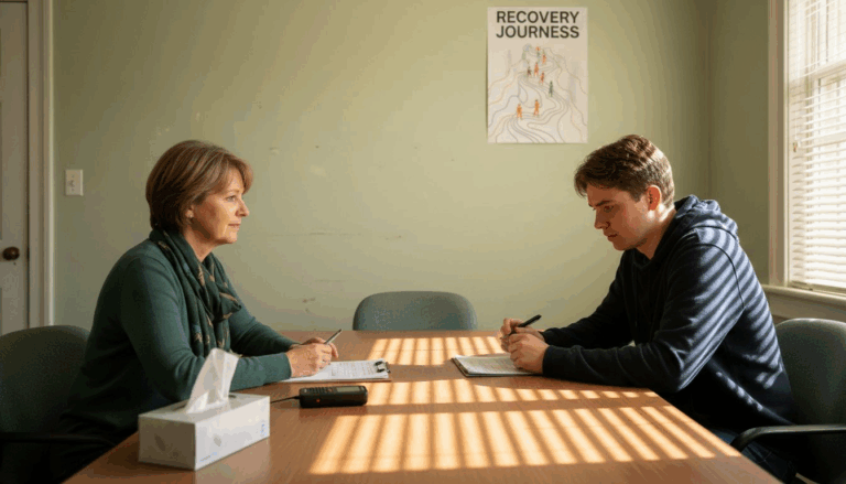 Therapist assessing dual diagnosis in a clinic