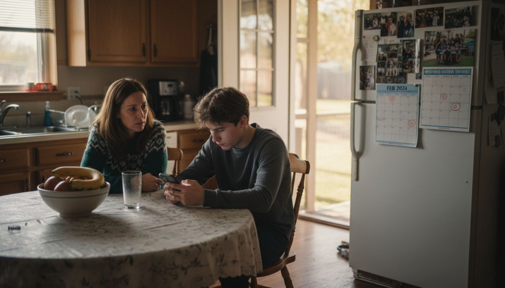 Worried mother watching teen at kitchen table