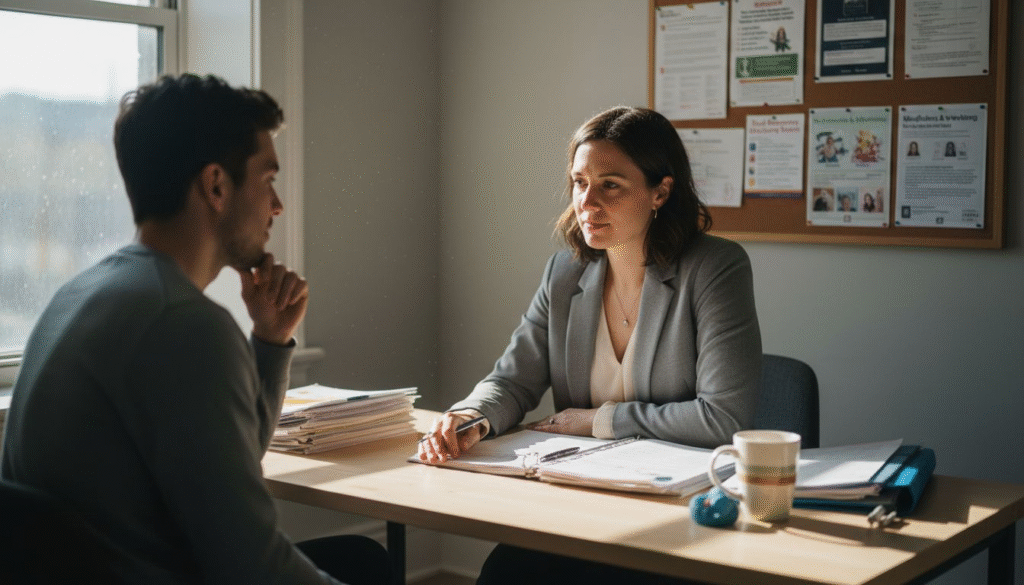 Therapist consulting patient about dual diagnosis