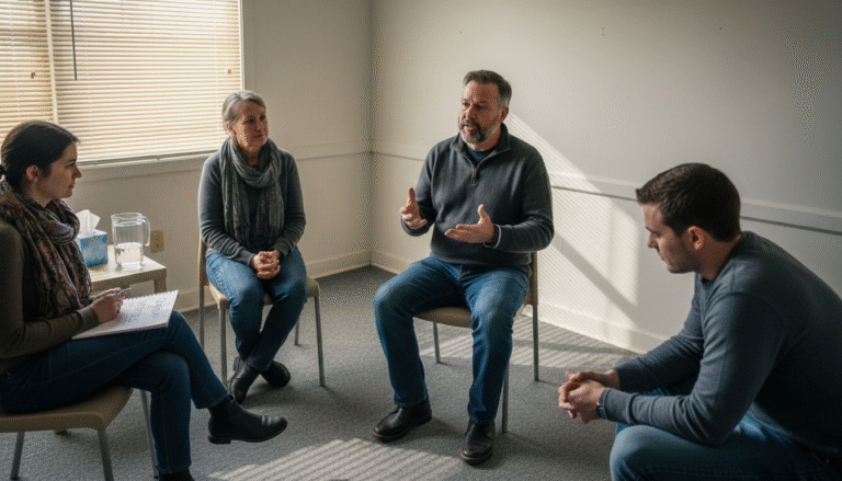 People listening in group therapy session
