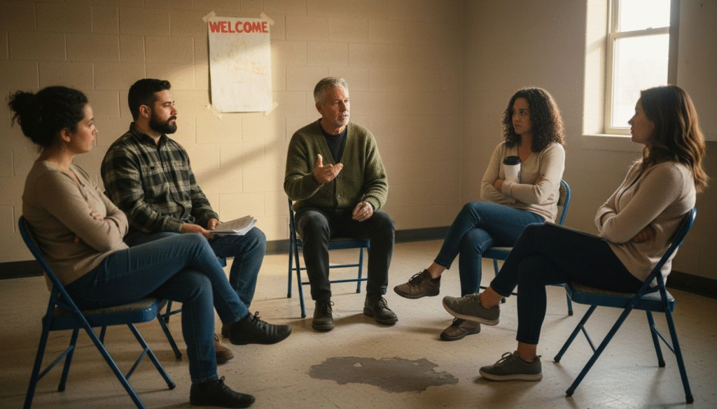 Support group discussing substance abuse in community room