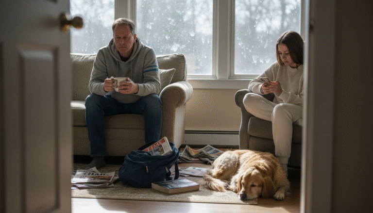 Family living room with addiction stress