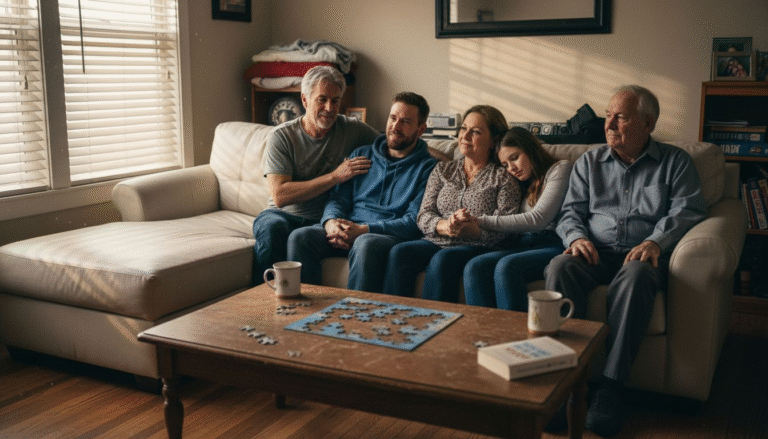 Family supporting recovery in lived-in living room