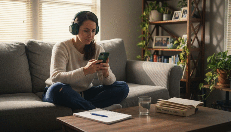 Woman listening to recovery podcast with headphones