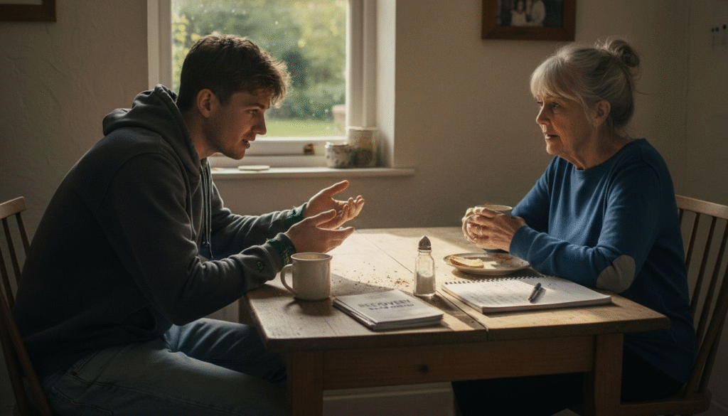 Man discusses recovery with supportive family member