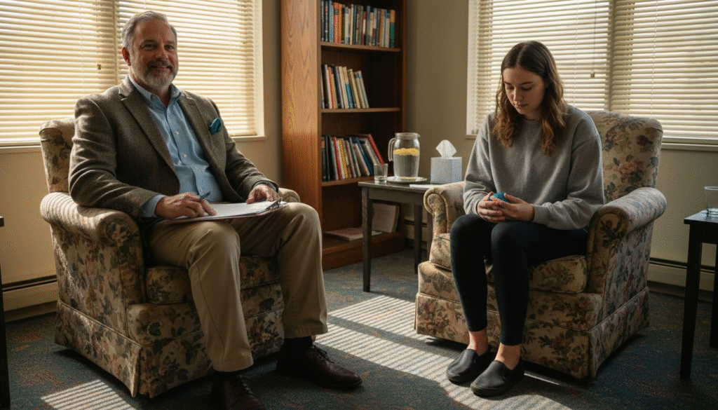 Therapist and patient in rehab counseling session