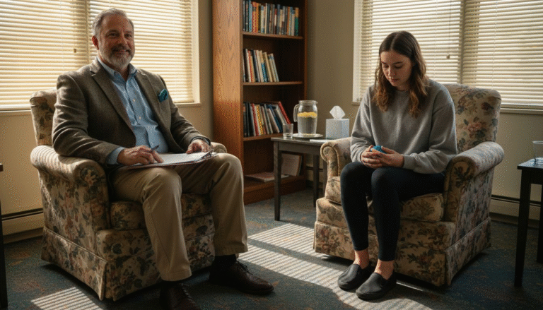 Therapist and patient in rehab counseling session